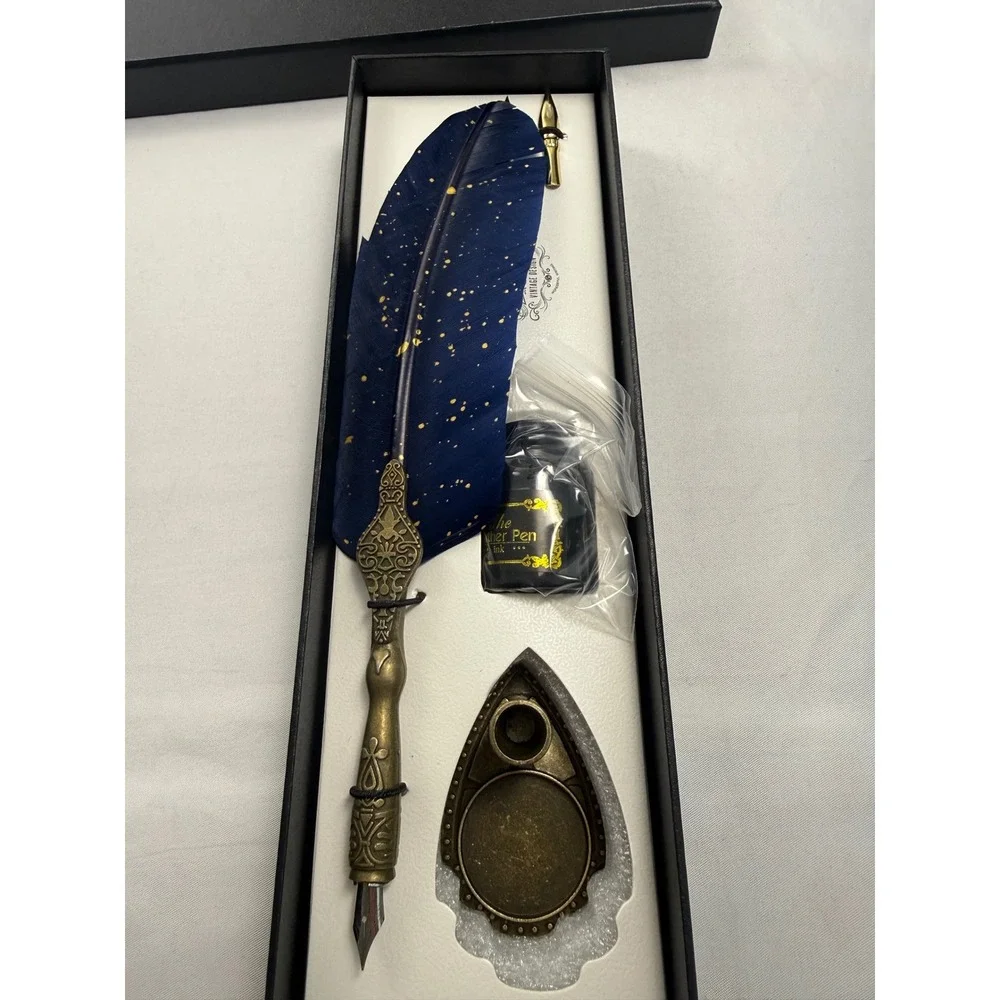 Vintage Design Feather Quill Pen Ink Set Navy Blue Gold Speckle Calligraphy Kit